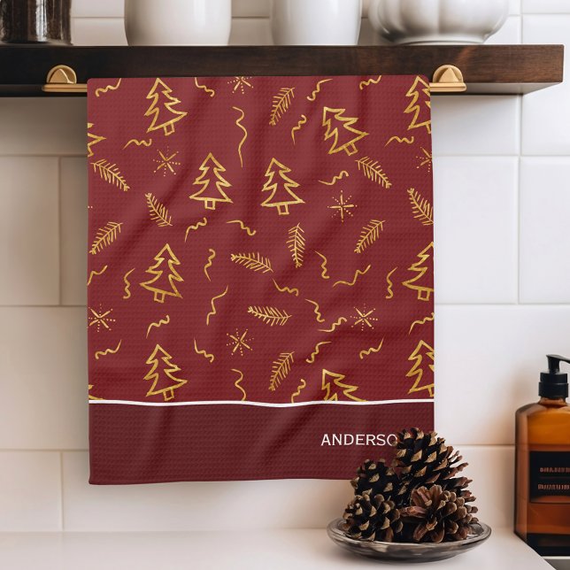 Gold Foil Christmas Tree Pattern Red Holiday Tea Towel (Creator Uploaded)