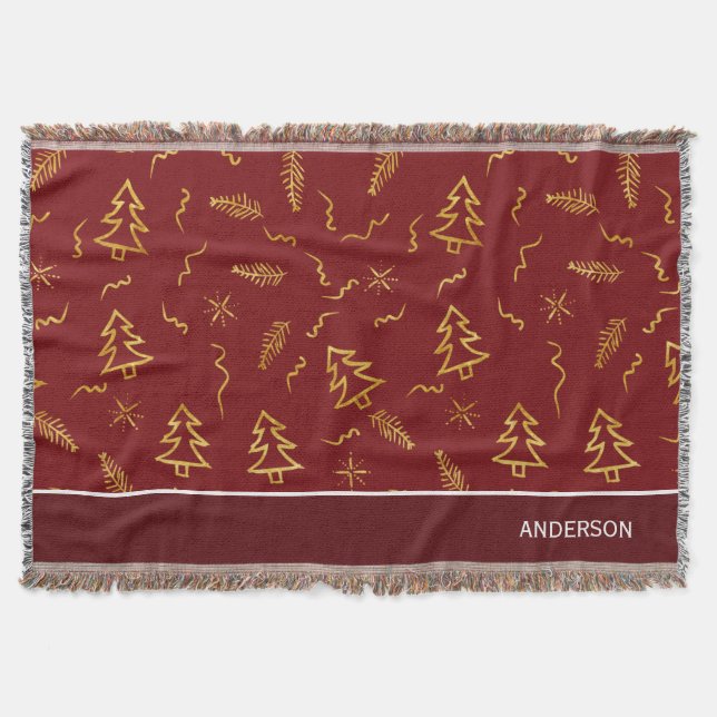 Gold Foil Christmas Tree Pattern Red Holiday Throw Blanket (Front)