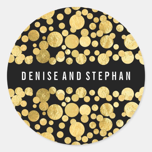 Gold Foil Confetti Black Wedding Classic Round Sticker (Front)