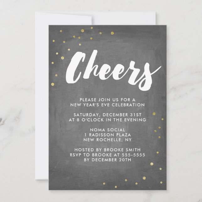 Gold Foil Confetti Cheers New Year's Eve Party Invitation (Front)