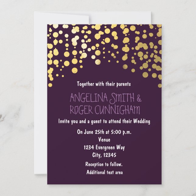 Gold Foil Confetti Dark Purple Wedding Invitation (Front)