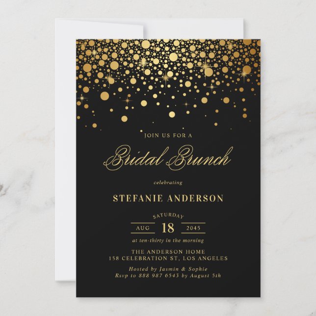 Gold Foil Confetti Dots Black Bridal Brunch Invitation (Front)