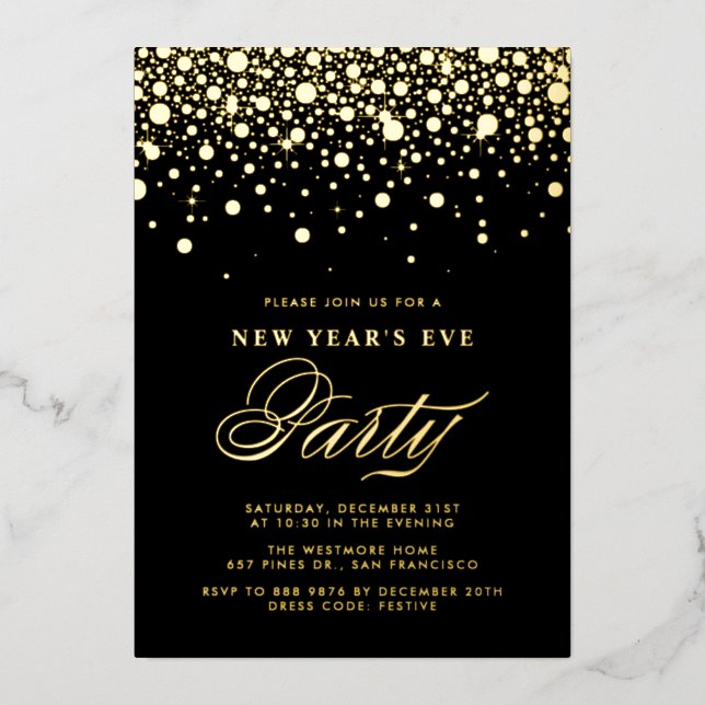 Gold Foil Confetti Dots Black New Year's Eve Party (Front)