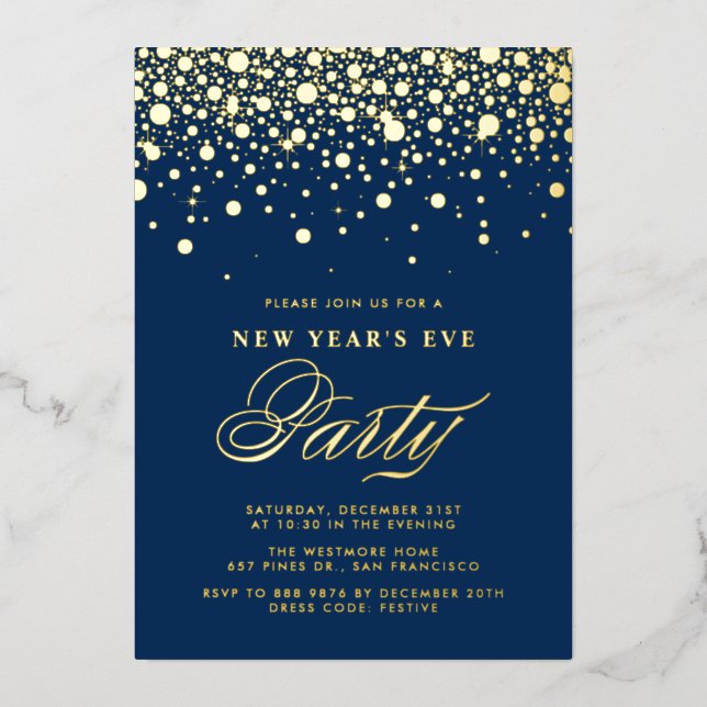 Gold Foil Confetti Dots Blue New Year's Eve Party (Front)