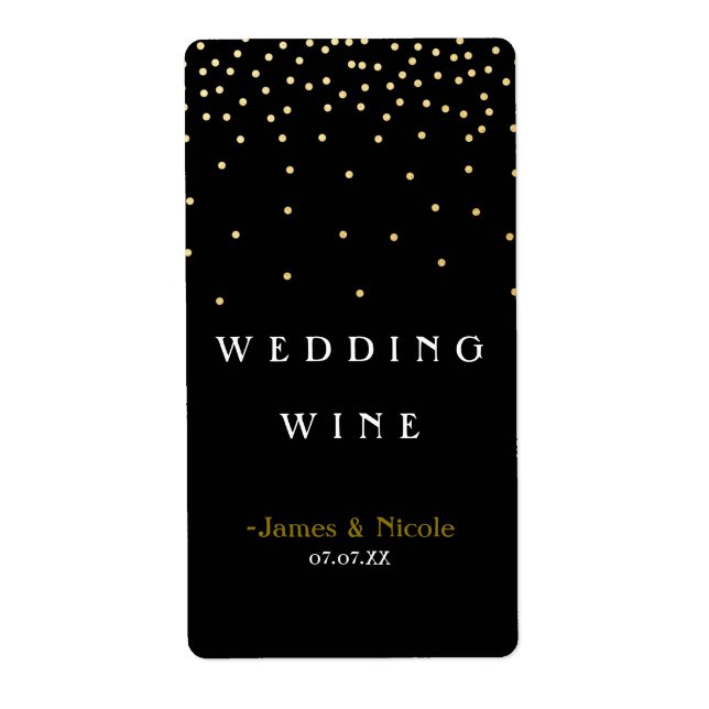 Gold Foil Confetti Dots Elegant Black Wine Label (Front)