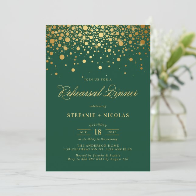 Gold Foil Confetti Dots Green Rehearsal Dinner Invitation (Standing Front)