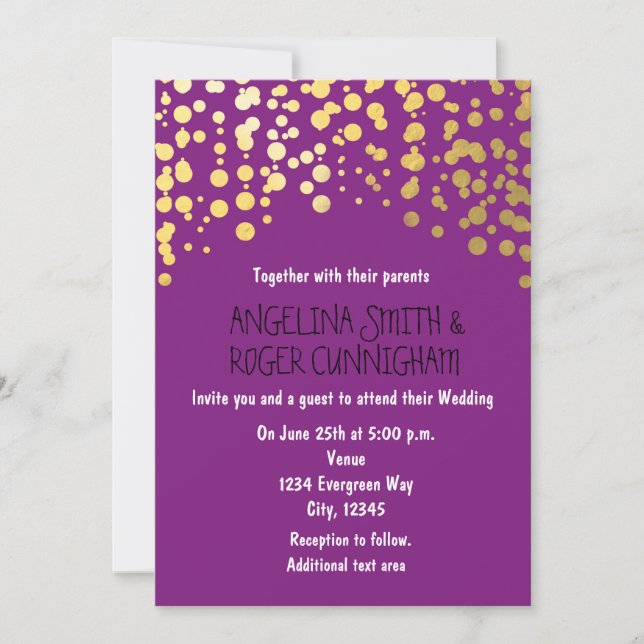 Gold Foil Confetti Dots Purple Wedding Invitation (Front)
