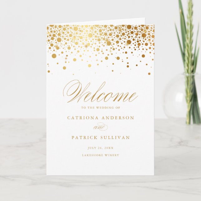 Gold Foil Confetti Dots White Wedding Booklet Program (Front)