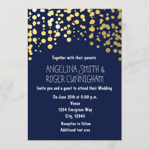 Gold Foil Confetti Navy Blue Wedding Invitation