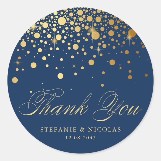 Gold Foil Confetti Navy Blue Wedding Thank You Classic Round Sticker (Front)