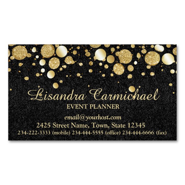 Gold Foil Confetti On Black Magnetic Business Card (Front)