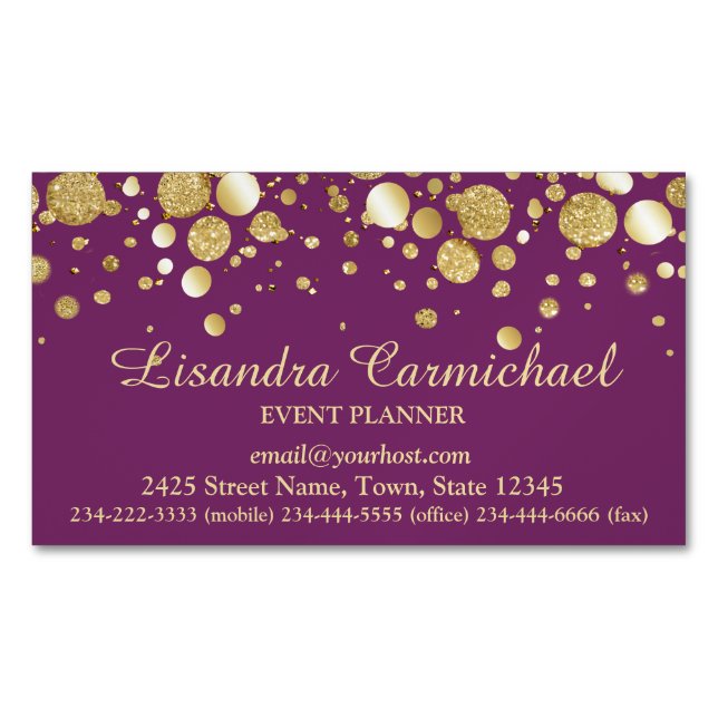 Gold Foil Confetti On Plum Magnetic Business Card (Front)