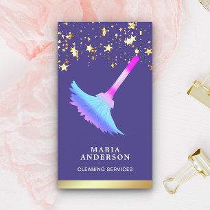 Gold Foil Confetti Purple Duster Cleaning Service Business Card