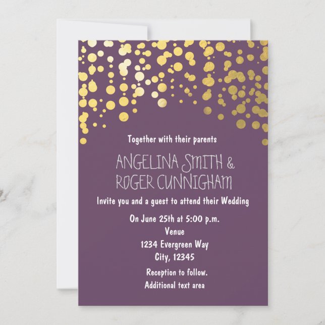 Gold Foil Confetti Purple Grey Wedding Invitation (Front)