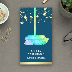 Gold Foil Confetti Rainbow Broom Cleaning Services Business Card