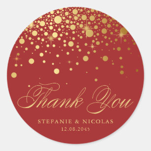 Gold Foil Confetti Red Wedding Thank You Classic Round Sticker