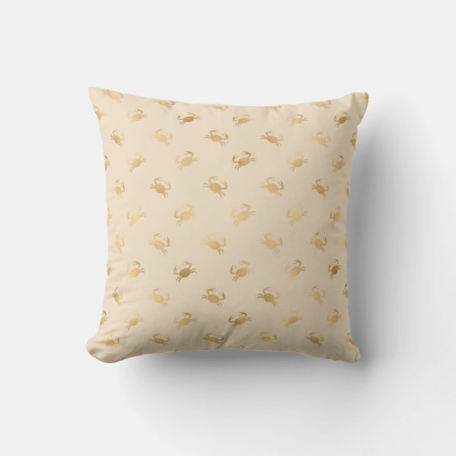 Gold Foil Crabs Nautical Pattern Ivory Neutral Cushion (Front)