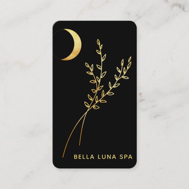 *~*  Gold Foil Crescent Moon Foliage Leaves Business Card (Front)