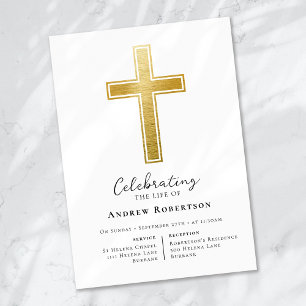 Gold Foil Cross Funeral  Invitation