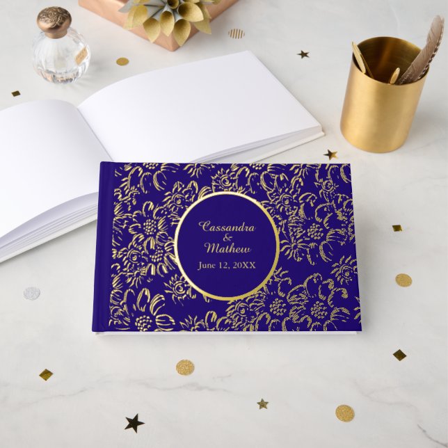 Gold Foil Daisies Floral Royal Blue Wedding Guest Book (Front Open)