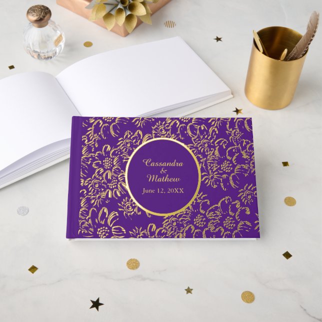 Gold Foil Daisies Floral Royal Purple Wedding Guest Book (Front Open)