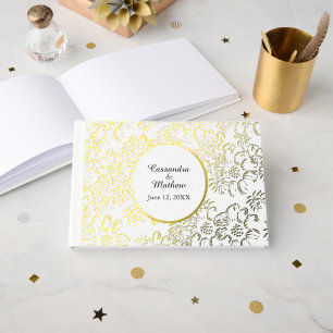 Gold Foil Daisies Floral White Wedding Guest Book