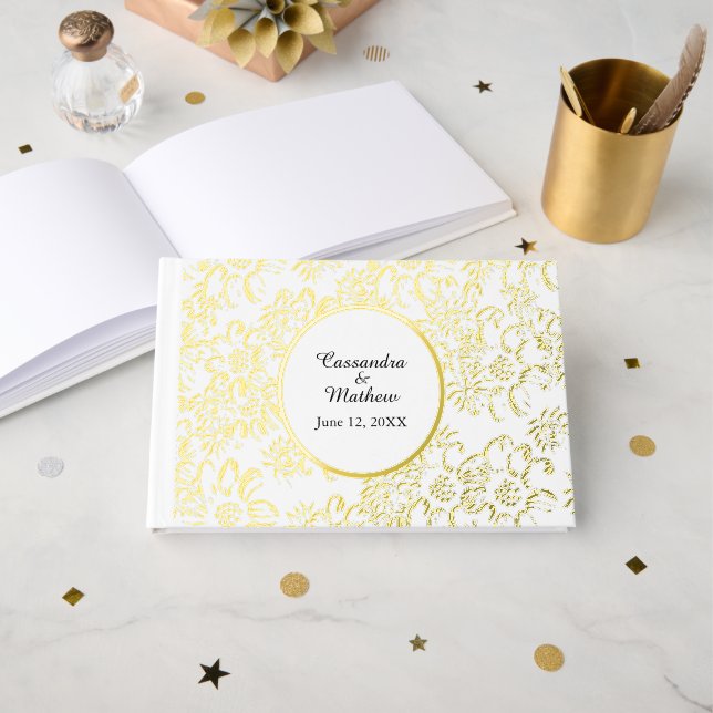 Gold Foil Daisies Floral White Wedding Guest Book (Front Open)