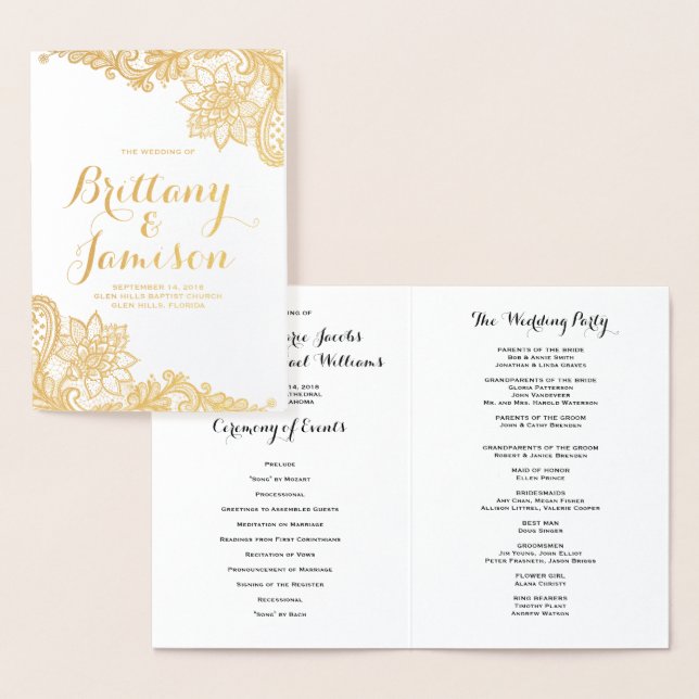 Gold Foil Damask Lace Vintage Wedding Program Card (Display)