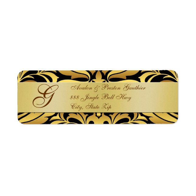 Gold Foil Damask Monogram New Years Black Labels (Front)