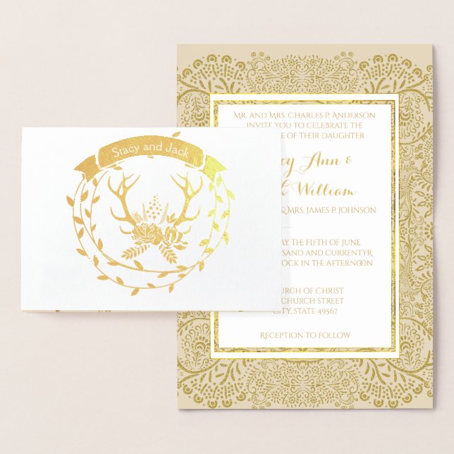 Gold Foil Deer Antler Wreath Wedding Invitations (Display)