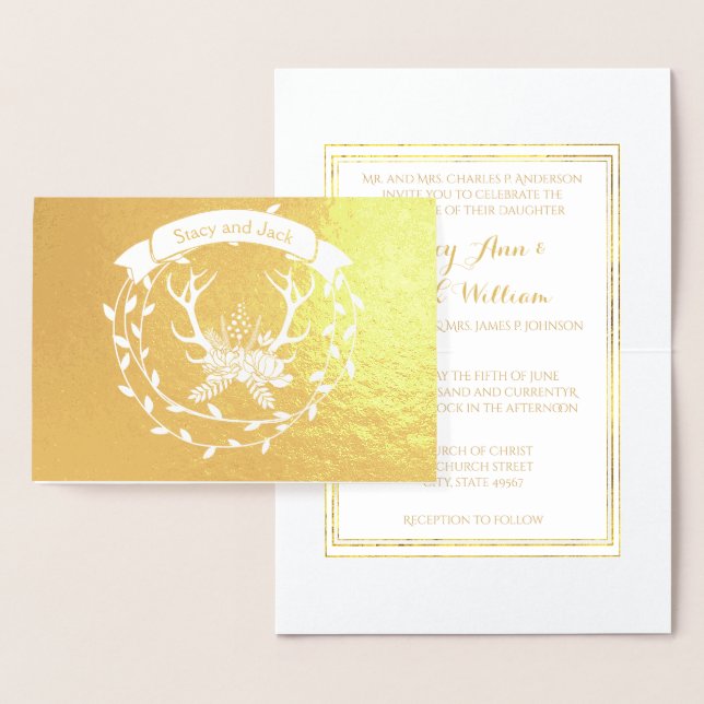 Gold Foil Deer Antler Wreath Wedding Invitations (Display)