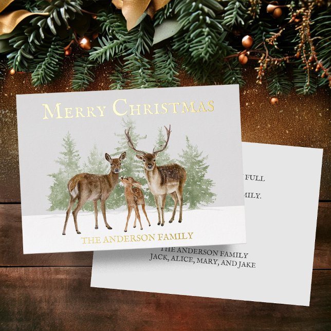 Gold Foil Deer Family Snow Pine Merry Christmas Foil Holiday Card (Rustic deer family gold foil Christmas greeting card personalized with your family name and message.)