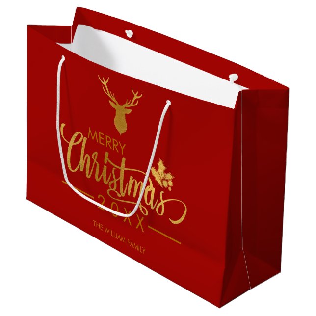 Gold Foil Deer Merry Christmas Personalised Red Large Gift Bag (Front Angled)