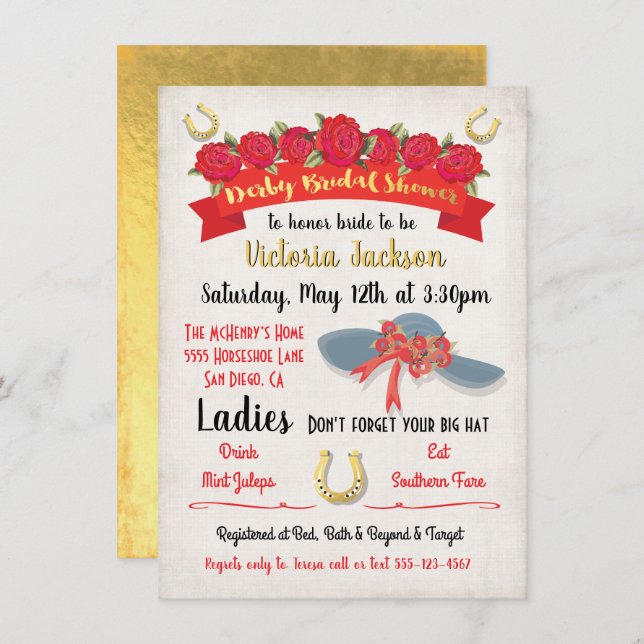 Gold Foil Derby Bridal Shower Invitations (Front/Back)