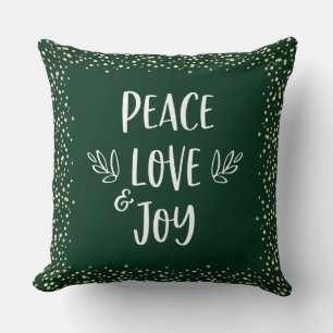 Gold Foil Dots Green Peace Love Joy Script Modern Cushion