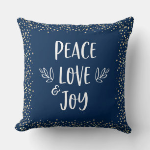 Gold Foil Dots Navy Peace Love Joy Script Modern  Cushion
