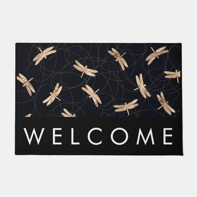 Gold Foil Dragonfly Print Welcome Mat (Front)
