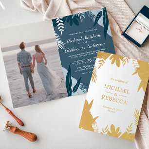 Gold Foil Dusty Blue Leaves Wedding Invitation