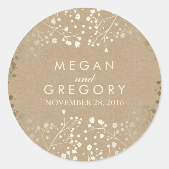 Gold Foil Effect Baby's Breath Kraft Wedding Classic Round Sticker (Front)