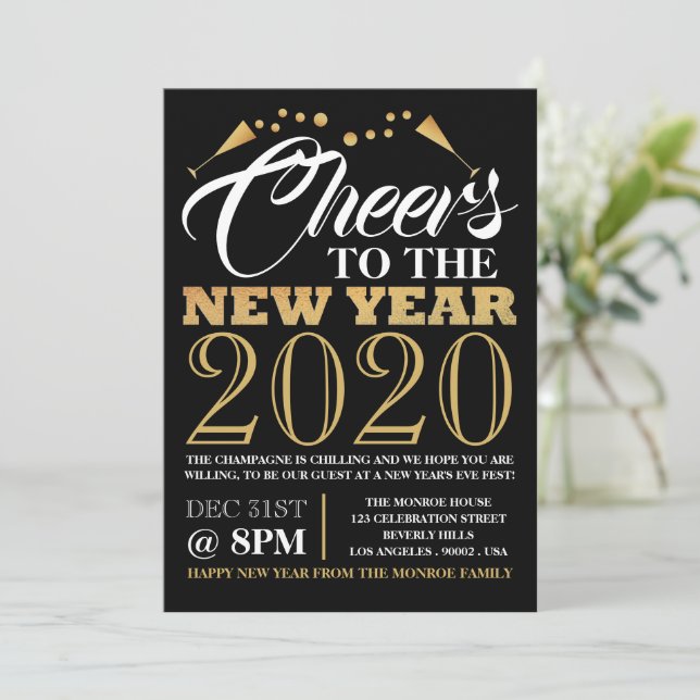 Gold Foil Effect, Champagne Bubbles, New Year Invitation (Standing Front)