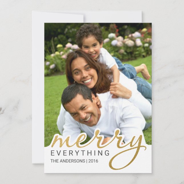 Gold Foil Effect Merry Hand Script Holiday Photo Card (Front)