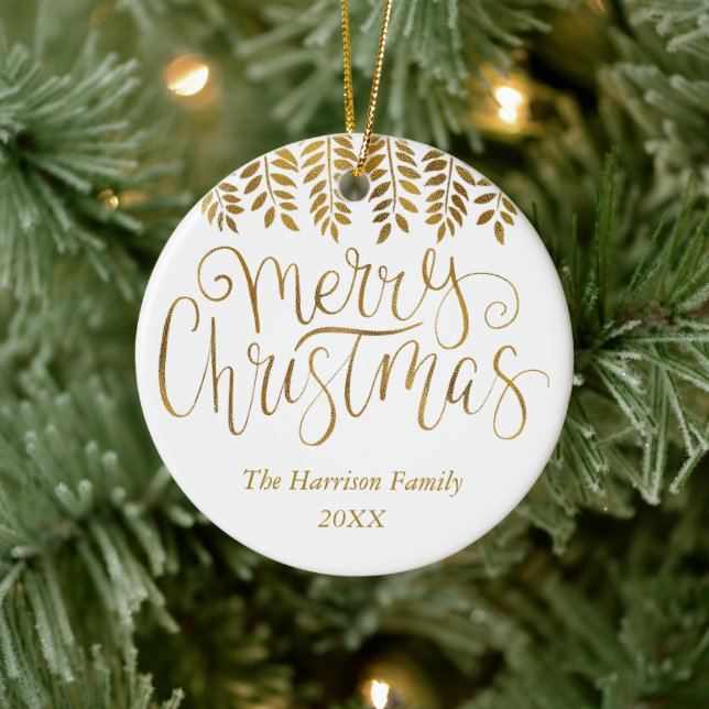 Gold Foil Effect Typography Merry Christmas Ceramic Ornament (Tree)