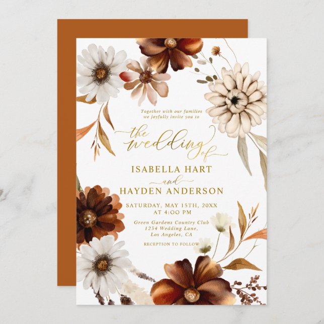 Gold Foil Elegant Fall Boho Terracotta Wedding Invitation (Front/Back)