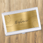 Gold Foil Elegant Script Curly Name Business Card Holder<br><div class="desc">An elegant signature style script name design with extra curly tails.
The background features a faux gold foil digital art creation that prints like a photo.
Customise the font size or move it as needed for longer or shorter names.
Create your own business card case for her.</div>