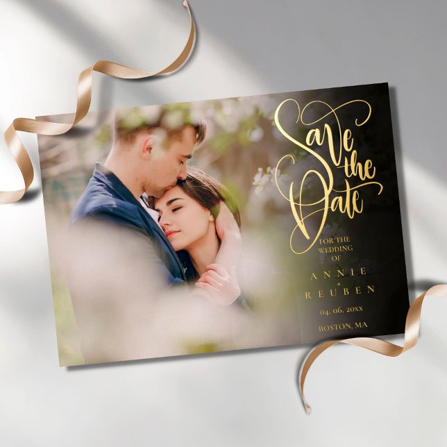 Gold Foil Elegant Script Save the Date Photo Card (Creator Uploaded)