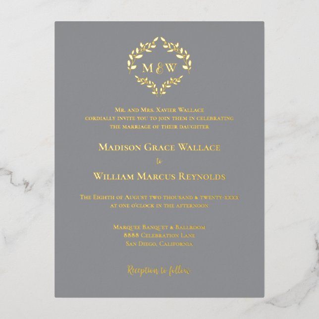 Gold Foil Elegant Wreath Monogram Formal Wedding Invitation Postcard (Front)