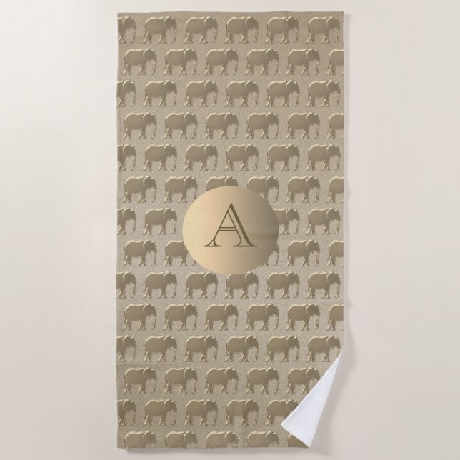 Gold Foil Elephant Pattern Elegant Monogrammed Beach Towel (Front)