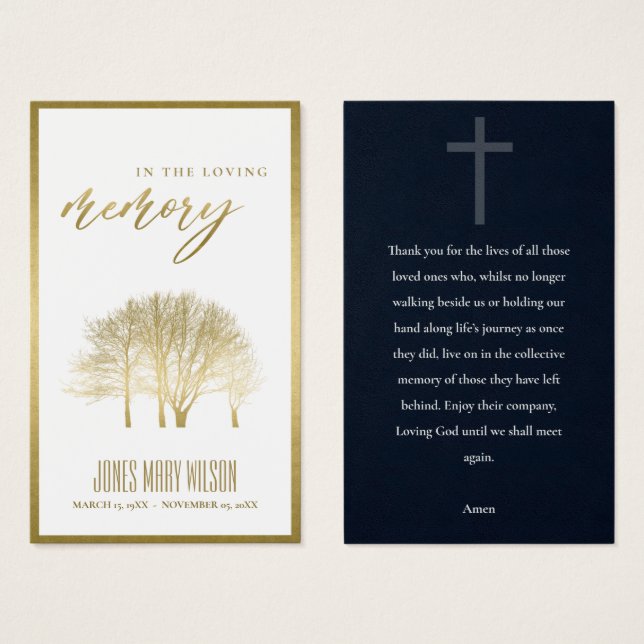 GOLD FOIL FALL TREE SYMPATHY MEMORIAL PRAYER CARD (Front & Back)