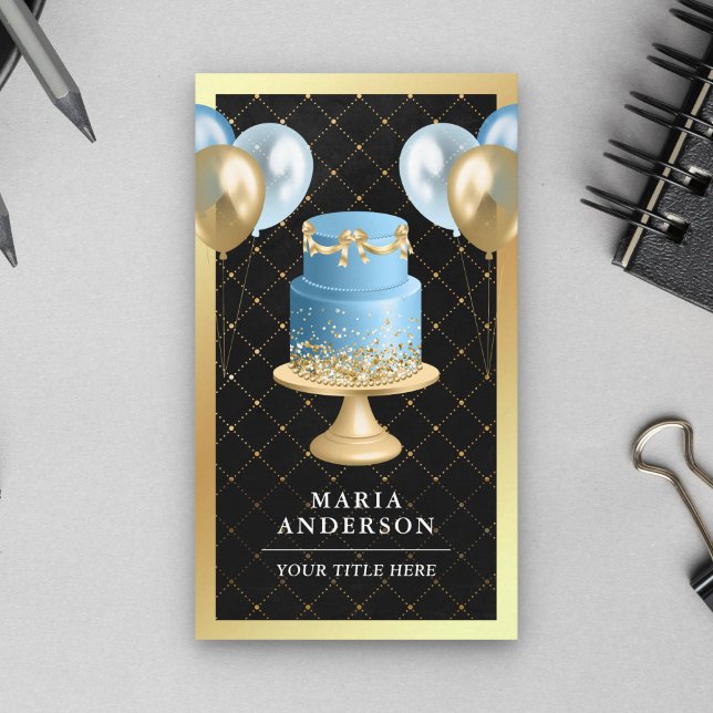 Gold Foil Fancy Blue Cake Balloons Event Planner Business Card (Creator Uploaded)