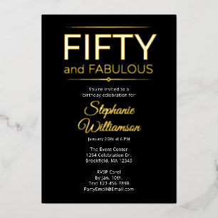 Gold Foil Fifty and Fabulous on Black White Script